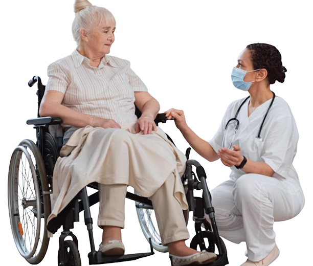 Nurse assisting patient in wheelchair